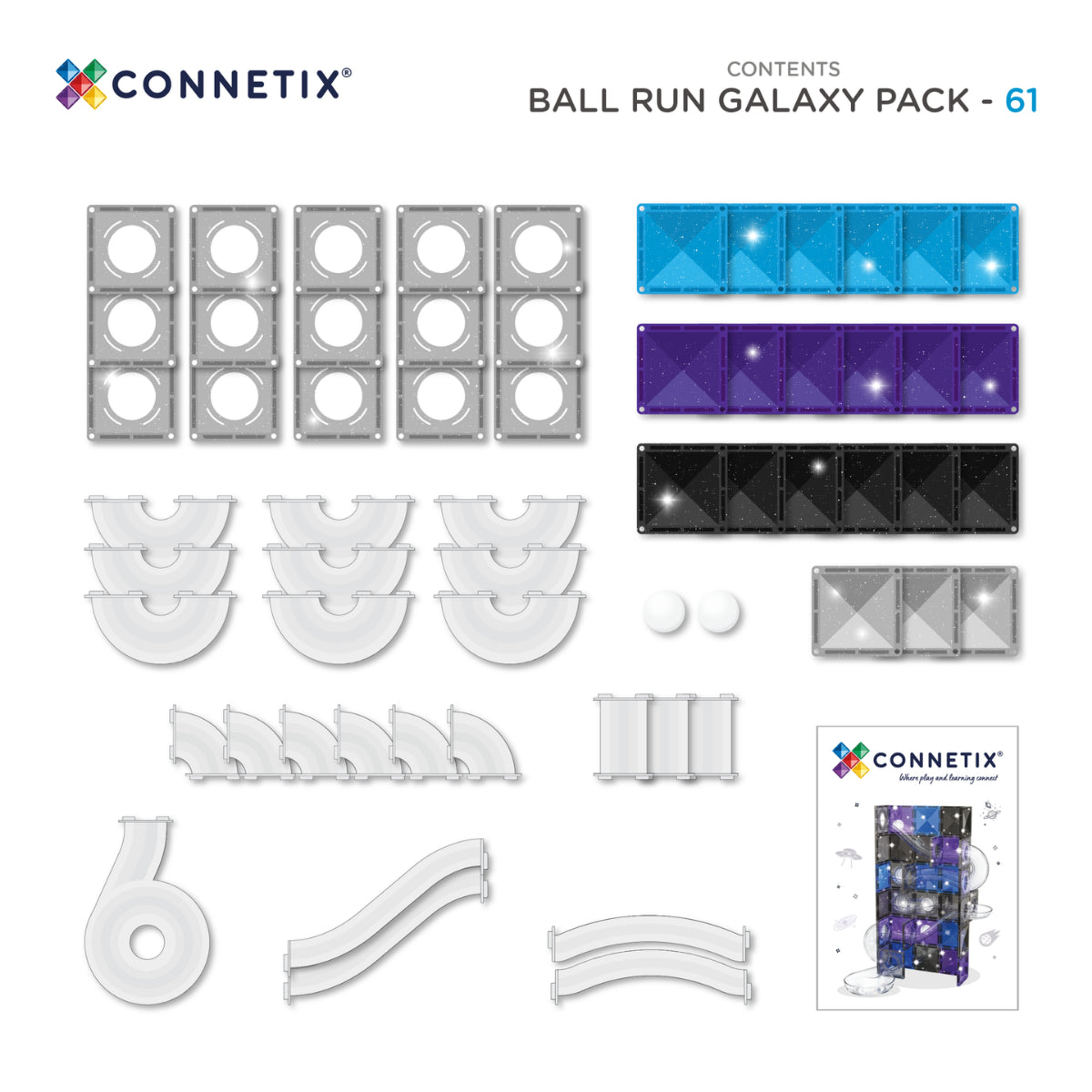Detail van de Connetix Ball Run Galaxy Pack met transparante buizen en glitter magnetische tegels