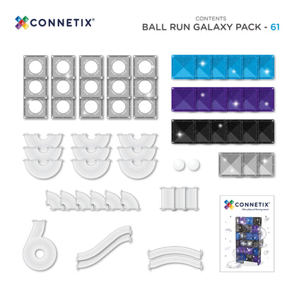 Detail van de Connetix Ball Run Galaxy Pack met transparante buizen en glitter magnetische tegels