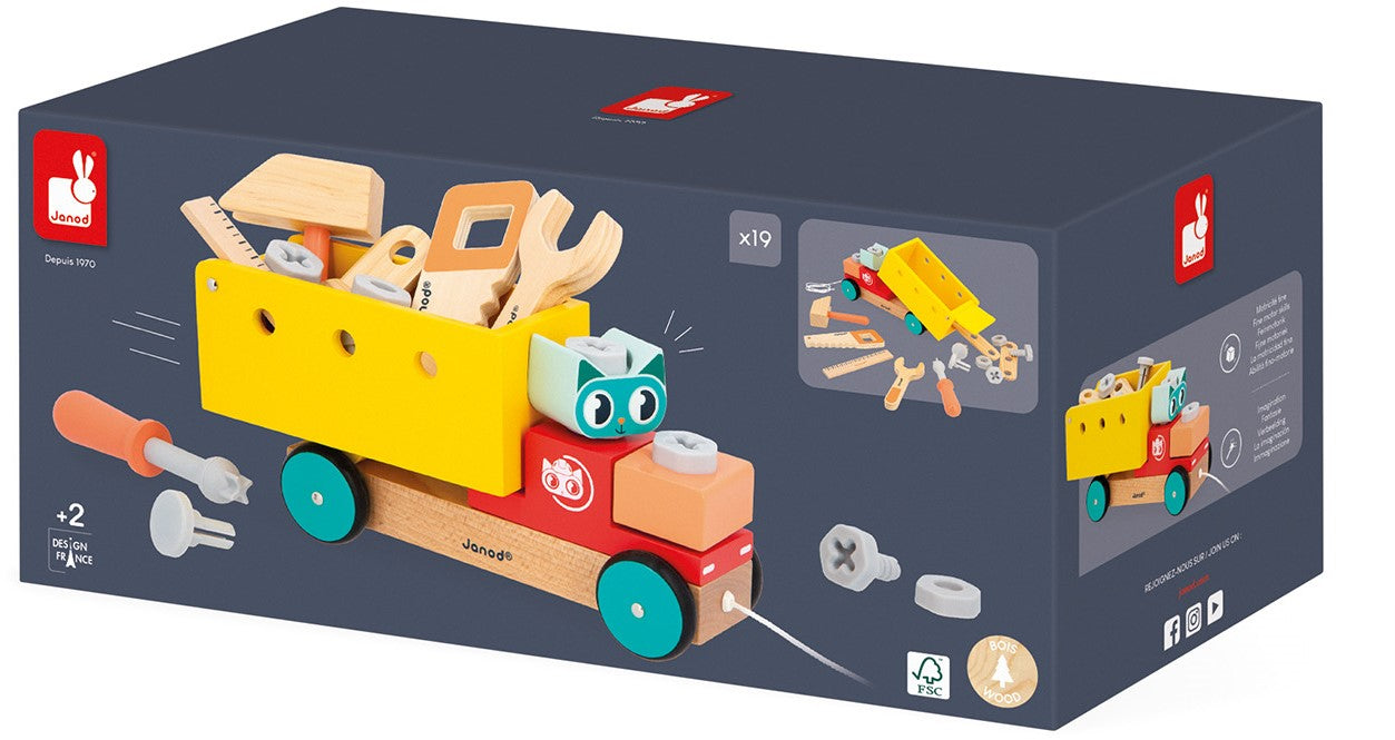 Janod Klustruck 2-in-1 – houten constructiespeelgoed en trekfiguur
