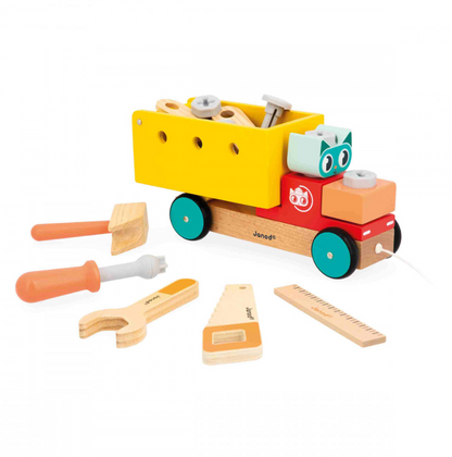 Janod Klustruck 2-in-1 – houten constructiespeelgoed en trekfiguur