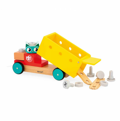 Janod Klustruck 2-in-1 – houten constructiespeelgoed en trekfiguur