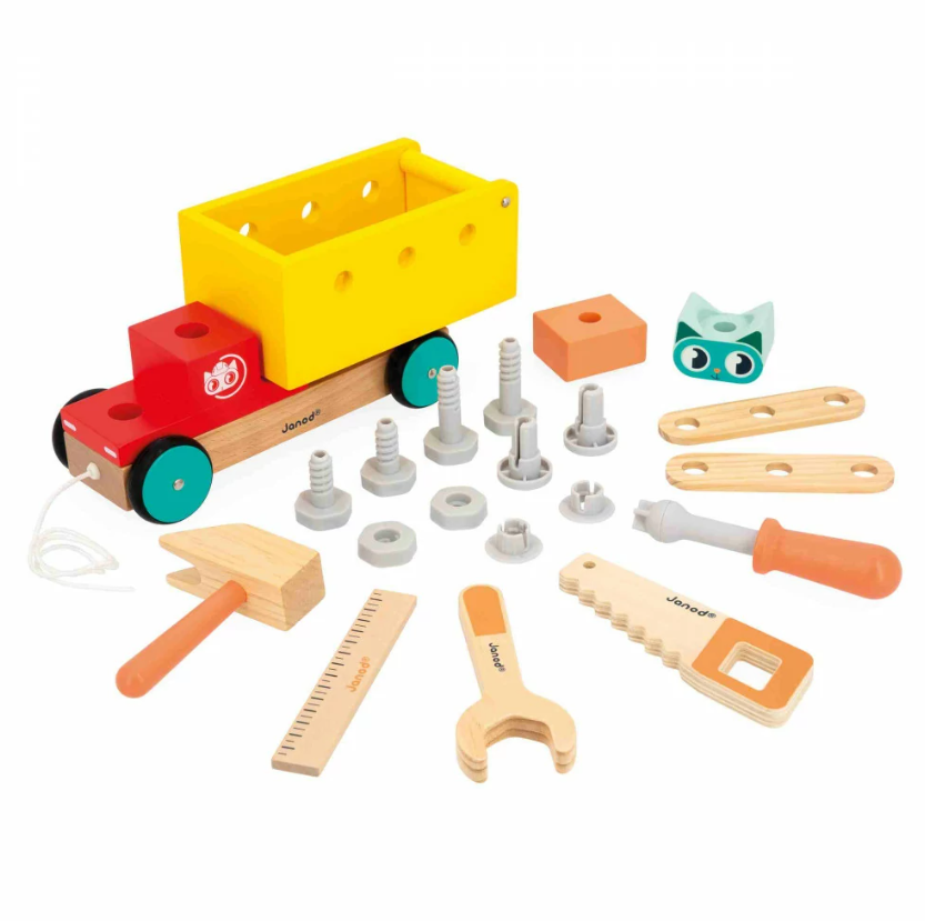 Janod Klustruck 2-in-1 – houten constructiespeelgoed en trekfiguur