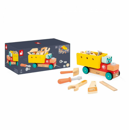 Janod Klustruck 2-in-1 – houten constructiespeelgoed en trekfiguur