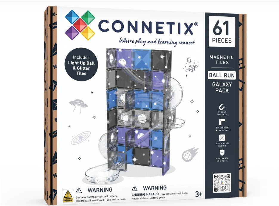 De Connetix Ball Run Galaxy Pack licht op en heeft glittertegels