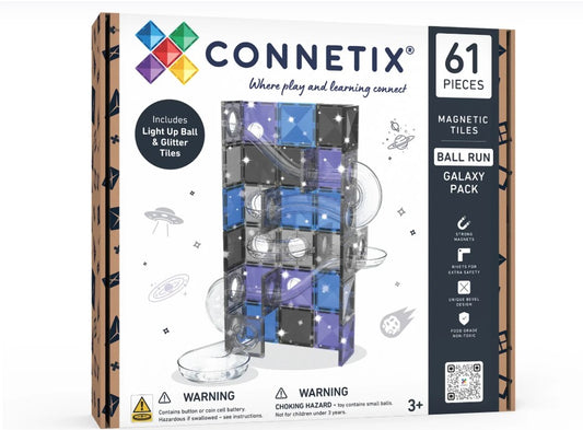 De Connetix Ball Run Galaxy Pack licht op en heeft glittertegels