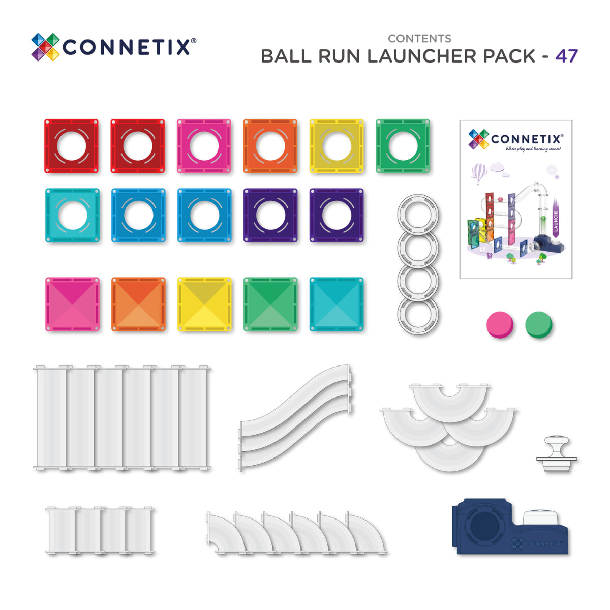 De volledige set van de Connetix Ball Run Launcher Pack bevat 47 onderdelen